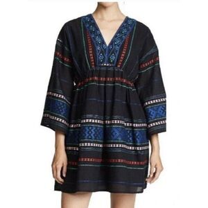Joie Sada Embroidered Fit N Flare Bell Sleeve Black Cotton Mini Dress Size XS